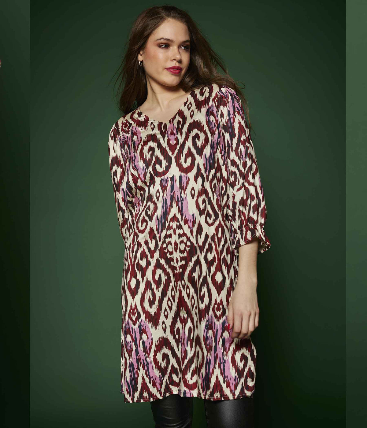 ZE-ZE REGINA DRESS IN BORDEAUX AND LIME WHITE